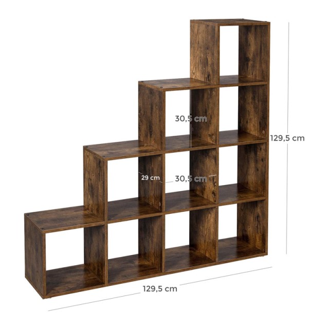 Ξύλινη Βιβλιοθήκη με 10 Ράφια 129.5 x 29 x 129.5 cm Χρώματος Σκούρο Καφέ VASAGLE LBC10BX