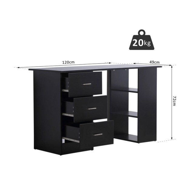 Ξύλινο Γραφείο με 3 Συρτάρια και 3 Ράφια 120 x 49 x 72 cm Χρώματος Μαύρο HOMCOM 836-068BK