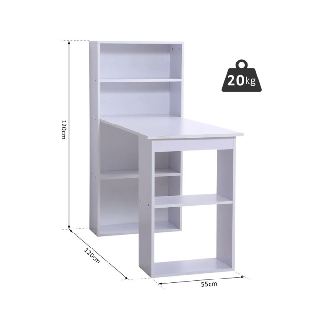 Ξύλινο Γραφείο με Βιβλιοθήκη 120 x 55 x 120 cm Χρώματος Λευκό HOMCOM 836-069WT