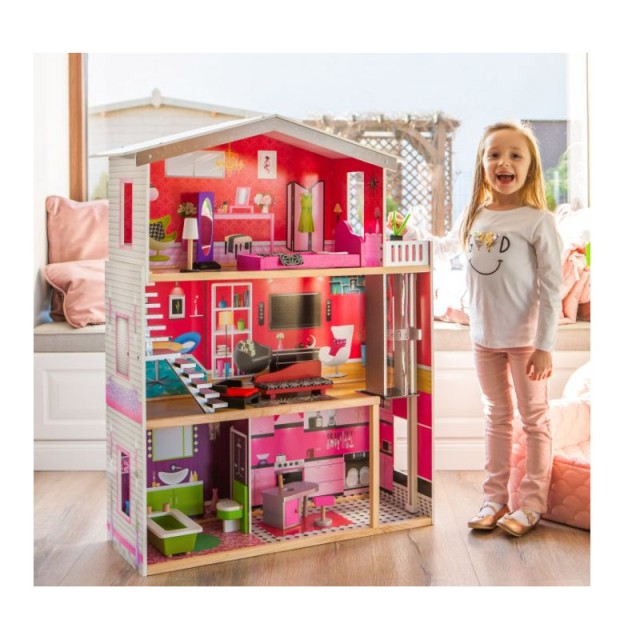 Ξύλινο Κουκλόσπιτο με 3 Ορόφους και Αξεσουάρ 87 x 32 x 114 cm Ecoto...