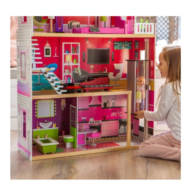 Ξύλινο Κουκλόσπιτο με 3 Ορόφους και Αξεσουάρ 87 x 32 x 114 cm Ecoto...