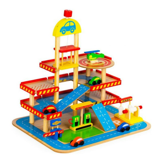 Ξύλινο Παιδικό Γκαράζ 3 Επιπέδων με Πάρκινγκ Ασανσέρ και 5 Οχήματα ...