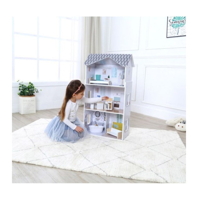 Ξύλινο Παιδικό Κουκλόσπιτο 3 Ορόφων με 9 Έπιπλα 50 x 27.5 x 96 cm G...