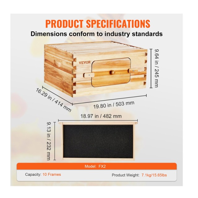 Ξύλινος Όροφος Κυψέλης με 10 Πλαίσια 503 x 414 x 245 mm VEVOR CTFXSMSHX1109SC61V0