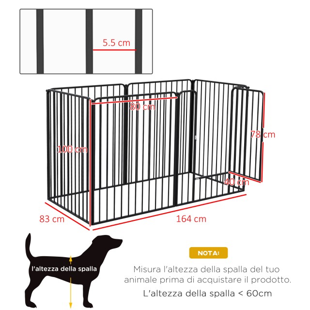 PawHut Fence για μεγάλα σκυλιά με 6 αρθρωτά χαλύβδινα πάνελ, 164x83x100 cm, μαύρο D06-203V00BK