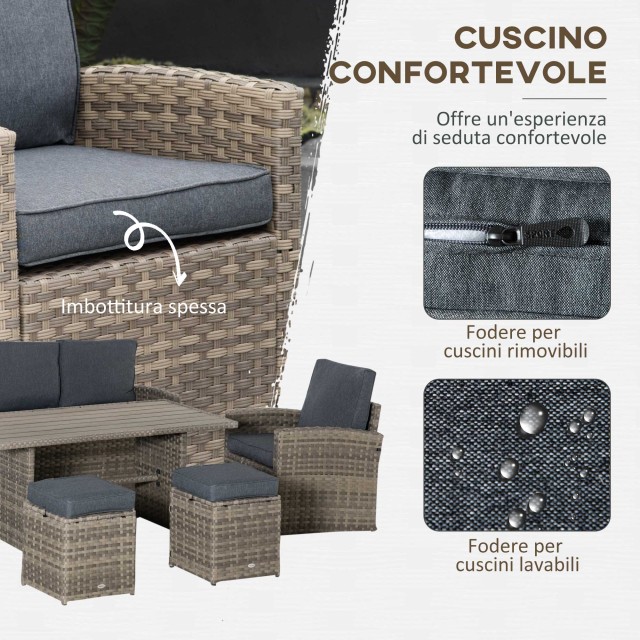 Outsunny Garden Lounge σε PE Rattan με 3θέσιο καναπέ, 2 πολυθρόνες, 2 σκαμπό και τραπέζι, γκρι 860-198