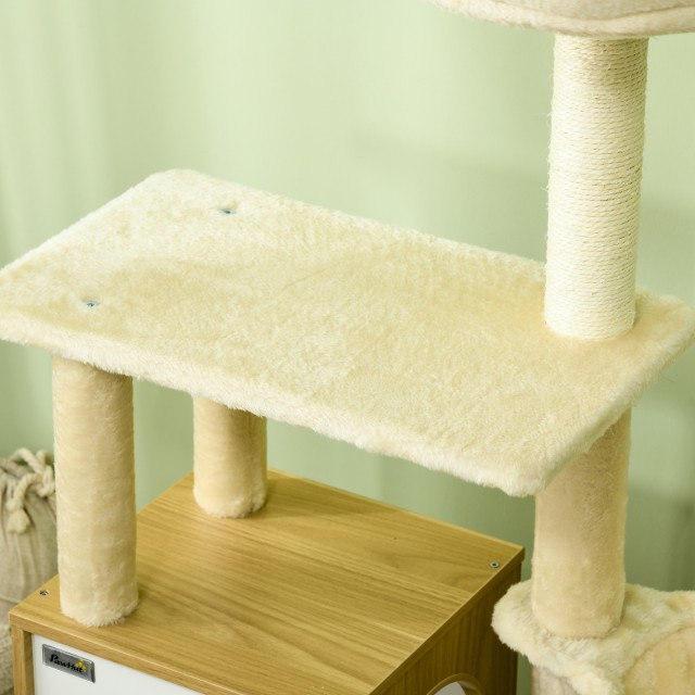 PawHut Cat Tree with House, Scratching Post for Cats, Perch and Stake, 48,5x48,5x141,5 cm, Beige D30-738V00BG