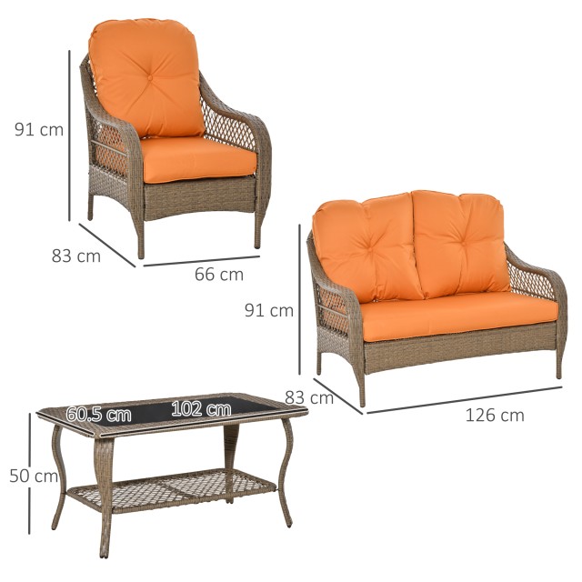 Σετ έπιπλα κήπου Outsunny σε PE Rattan με 2 πολυθρόνες, καναπέ και τραπεζάκι σαλονιού και μαξιλάρια, χακί και πορτοκαλί χρώμα 860-149