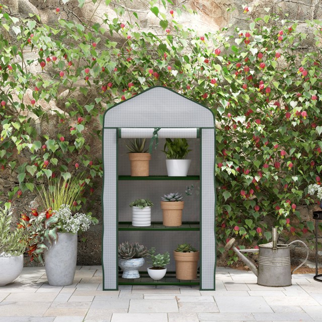 Outsunny Mini Garden Greenhouse με κάλυμμα PE, 3 ράφια και ρολό, 59...