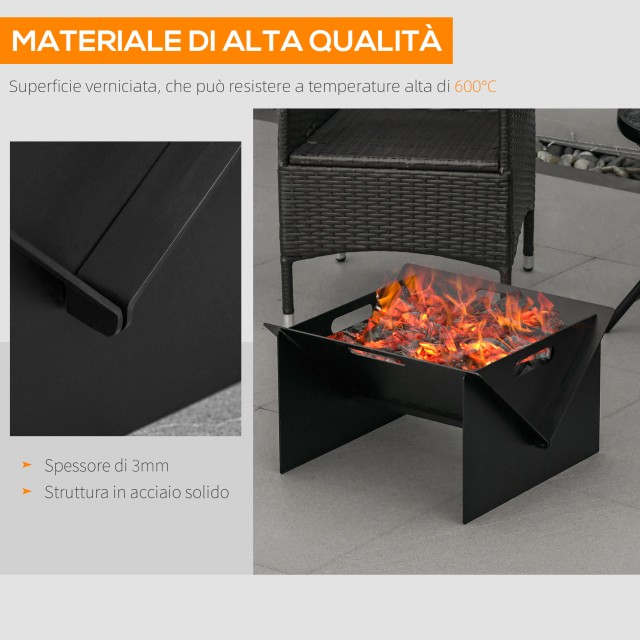 Outsunny Square Steel Garden Fire Pit με Λαβές, 50x45x30cm, Μαύρο 8...