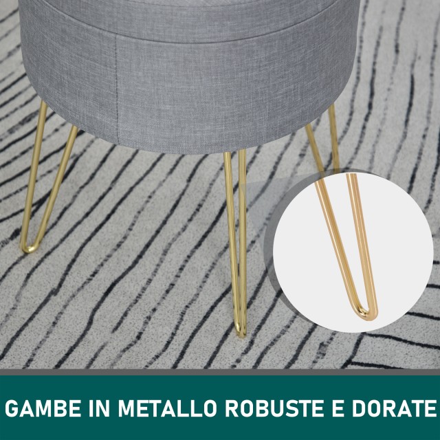HOMCOM 2 in 1 Storage Ottoman με λειτουργία σκαμπό και τραπεζάκι σαλονιού, σε ξύλο και γκρι ύφασμα, μέταλλο με χρυσό φινίρισμα, 36x36x45 cm 838-033V70