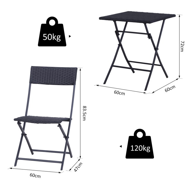 Outsunny Rattan Σετ Έπιπλα Κήπου 1 Τραπεζάκι σαλονιού και 2 Πτυσσόμενες Καρέκλες Κήπου 3τμχ Μαύρο 841-093