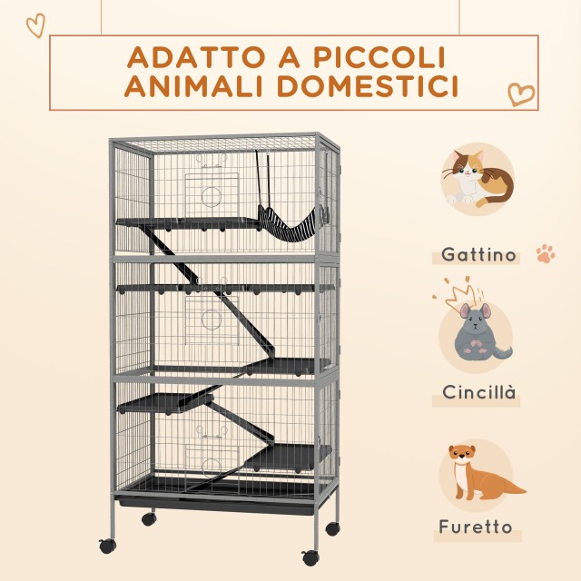 PawHut Rabbit Cage με 4 εισόδους σε πολλαπλά επίπεδα με αιώρα, ατσά...