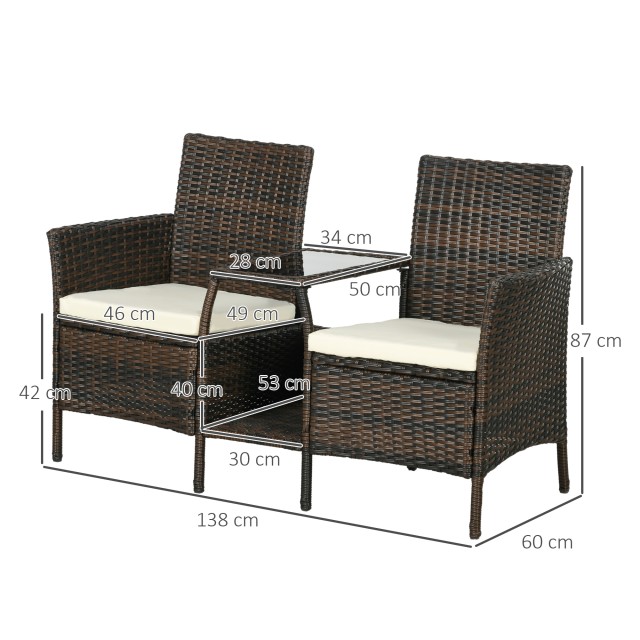 Outsunny Rattan Garden Σετ με 2 Μοντέρνες Καρέκλες και Τραπεζάκι Σαλονιού, 138x60x87 cm, Καφέ 867-180V00MB