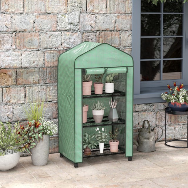 Outsunny Mini Garden Greenhouse με κάλυμμα PE, 3 ράφια και ρόδες, 69x49x130cm, πράσινο 84H-068V00GN