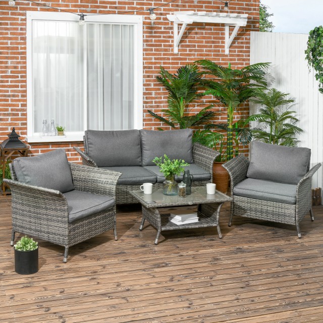 Outsunny Σετ κήπου 4 τεμαχίων Rattan και Steel με Τραπέζι σαλονιού 2 Επιπέδων, Καναπέ και 2 Καρέκλες 860-260V00GG