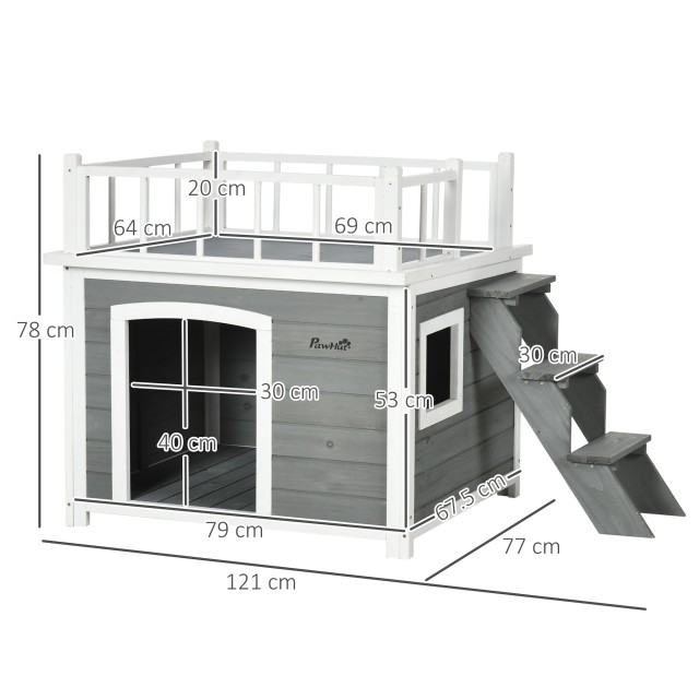 Pawhut Dog House με σκάλα βεράντας και παράθυρο 121x77x78cm Ανοιχτό γκρι D02-145V00LG