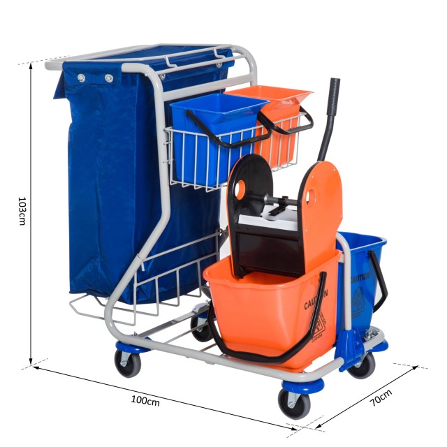 Homcom Professional Cleaning Cart with 4 Buckets 18L / 6L Blue and Orange 720-007