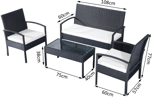 Outsunny Garden Lounge σε PE Rattan με τραπεζάκι σαλονιού, 2 πολυθρόνες και καναπέ με μαξιλάρια, μαύρο 863-024