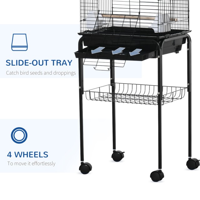 PawHut Bird Cage με 3 κούρνιες, 2 μπολ και 2 πλαϊνές πόρτες, σε ατσάλι, PP και ξύλο, 46x36x130 cm, Μαύρο D10-077