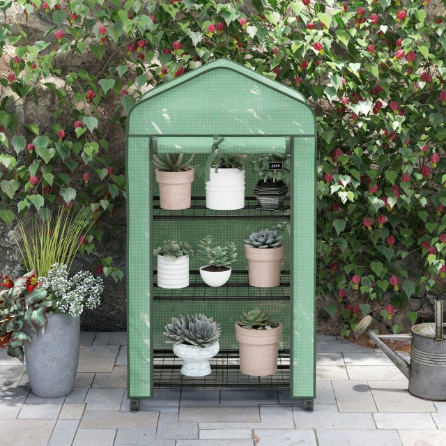 Outsunny Mini Garden Greenhouse με κάλυμμα PE, 3 ράφια και ρόδες, 69x49x130cm, πράσινο 84H-068V00GN