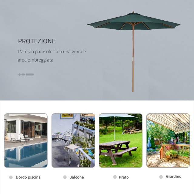 Outsunny Garden Parasol Φ300 x 250Acm με άνοιγμα σχοινιού, 8 νευρώσεις και ξύλινο κοντάρι, σκούρο πράσινο 01-0243