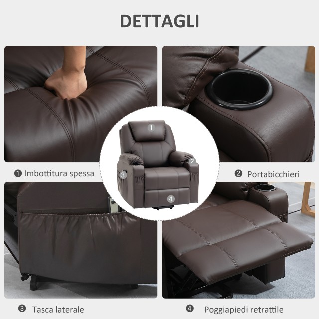 HOMCOM Lift Chair Ανακλινόμενη έως 135° με ποτηροθήκη, Τηλεχειριστήριο και υποπόδιο 88x92x106 cm, Καφέ 713-096BN