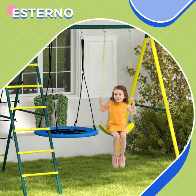 Outsunny Classic Στρογγυλό Σετ Κούνιας Κήπου, Ατσάλινες Σκάλες και Σχοινί και Καλάθι για παιδιά 3-8 ετών 344-082V00YL