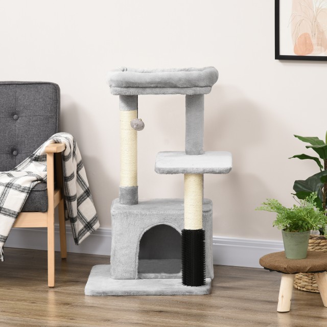 PawHut Multilevel Cat Scratching Tree with Bed and House, Λούτρινο Κάλυμμα, Γκρι D30-467
