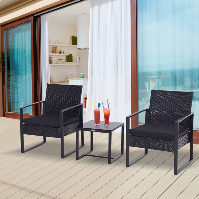 Outsunny Σετ Έπιπλα εξωτερικού χώρου Rattan Τραπεζάκι σαλονιού με 2 καρέκλες με μαξιλάρια, μαύρο 863-012