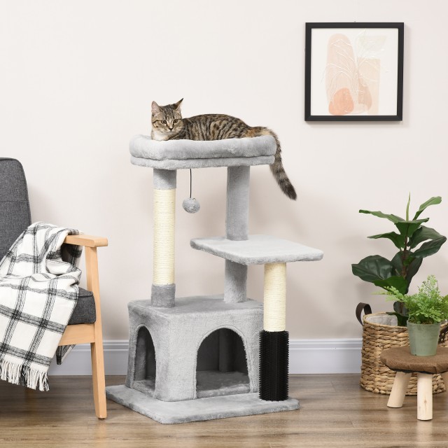 PawHut Multilevel Cat Scratching Tree with Bed and House, Λούτρινο Κάλυμμα, Γκρι D30-467