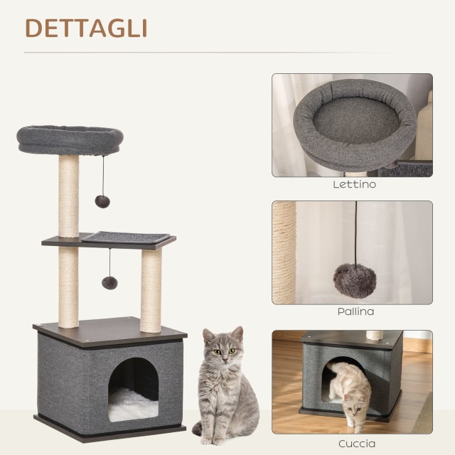 PawHut Cat Scratching Post Tree with House, Bed and Sisal Posts, 40x40x104cm, Γκρι D30-443