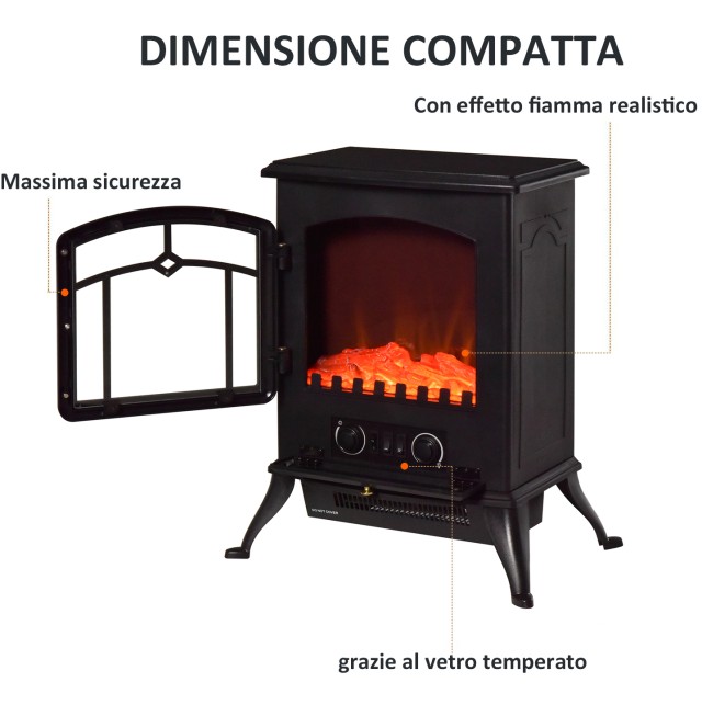 Ηλεκτρικό τζάκι δαπέδου HOMCOM με ισχύ φλόγας 1000W / 2000W σε Σίδερο και Γυαλί 45 28 54,8 εκ. Μαύρο 820-039