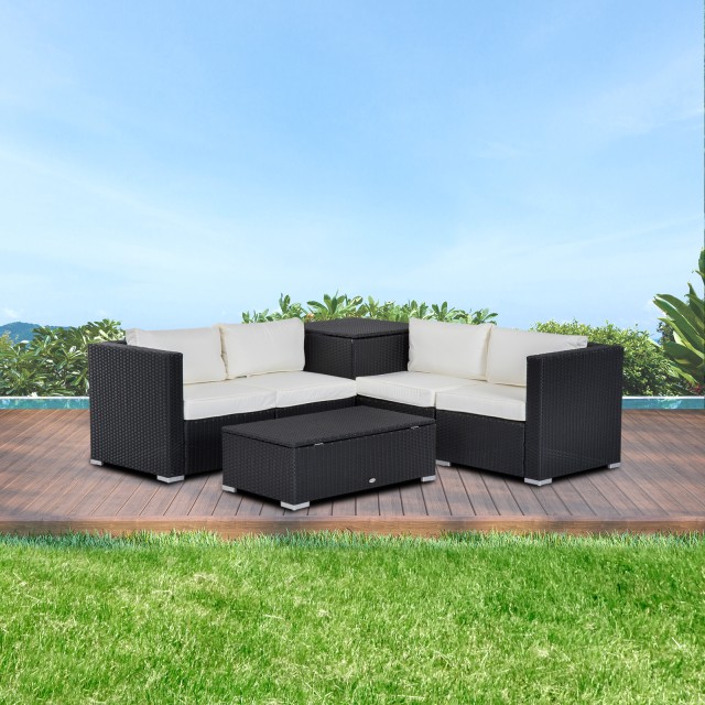Outsunny Garden Σετ 6 τεμαχίων, 4 πολυθρόνες με μαξιλάρια και 2 τραπέζια αποθήκευσης σε PE Rattan, Μαύρο και Κρεμ 860-006V01