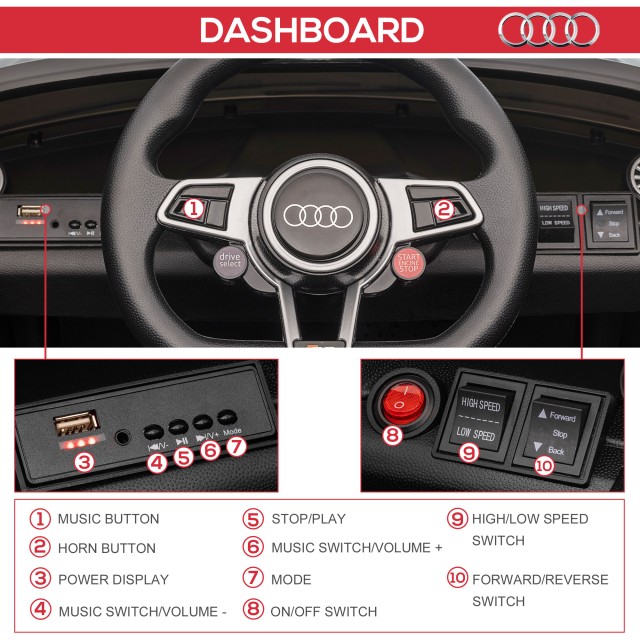 HOMCOM Ηλεκτρικό αυτοκίνητο για παιδιά 3-5 ετών AUDI TT με τηλεχειριστήριο, ανοιγόμενες πόρτες και προβολείς LED, μαύρο 370-079V90BK