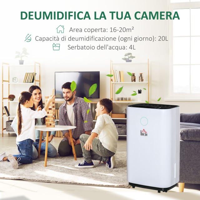 HOMCOM 20L Αφυγραντήρας 3 Λειτουργίες και 2 Ταχύτητα 24h Timer Silent Design 33,5x23x57cm Λευκό 821-019V91