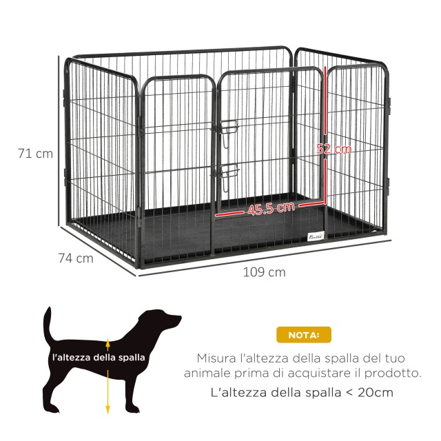 PawHut Dog Παρκοκρέβατο Μεταλλικός φράχτης για κατοικίδια με 4 πάνελ, διπλή πόρτα κλειδώματος και κάτω δίσκος, 109x74x71cm, γκρι D06-138
