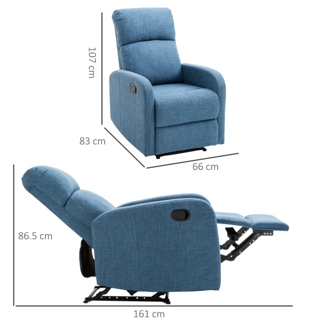 HOMCOM Manual Ανακλινόμενη Πολυθρόνα Relax με Χωρητικότητα Υποπόδιου 125kg Blue Fabric 66? 83 107 εκ 833-523BU