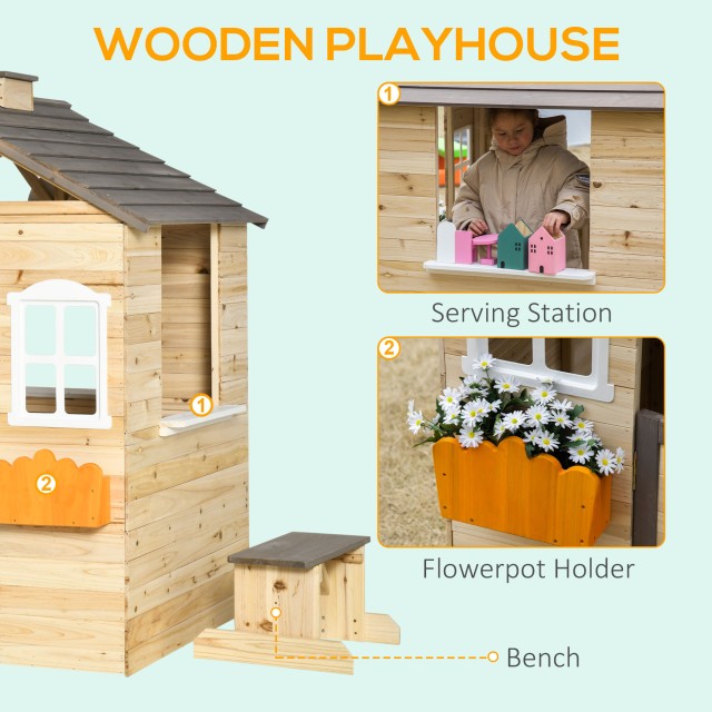 Outsunny Little House για Παιδιά 3-7 ετών με 2 παράθυρα με θήκη για γλάστρα και πάγκο, σε ξύλο ελάτης και PP, 113Lx94x134,5 cm 345-024