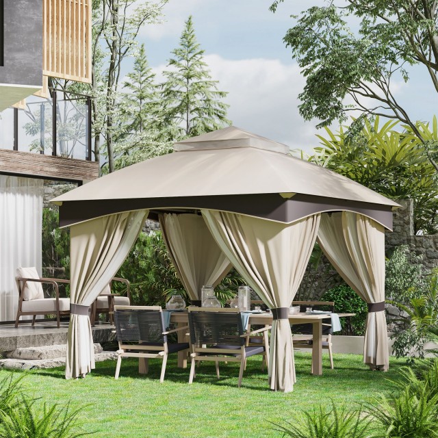 Outsunny 3x3m Steel Garden Gazebo με διπλό κουβούκλιο, πλέγμα και κουρτίνες που περιλαμβάνονται, μπεζ και γκρι 84C-368V00BG