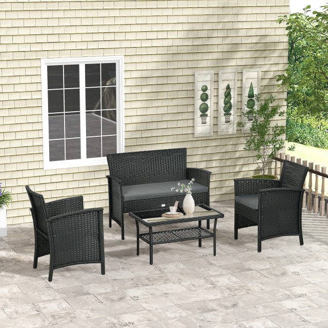 PE Rattan Outdoor Lounge με καναπέ, 2 πολυθρόνες με μαξιλάρια και γυάλινο τραπεζάκι σαλονιού, μαύρο και γκρι 860-331V00GY