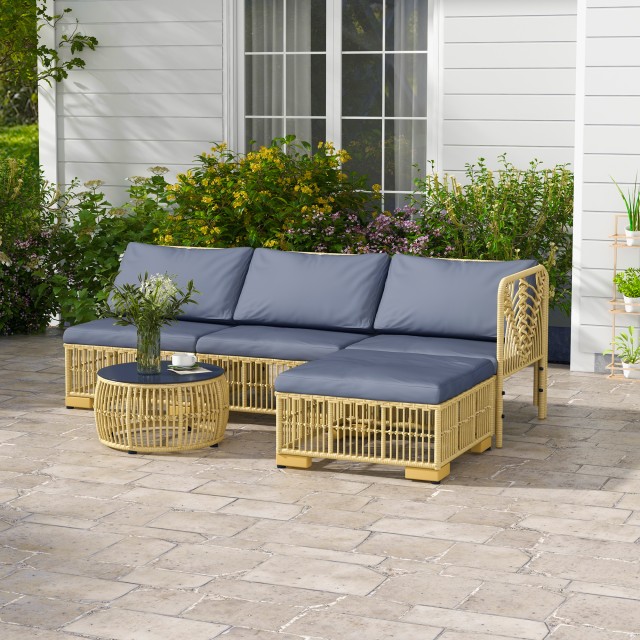 Σετ σαλονιού Outsunny Garden Rattan με αρθρωτό καναπέ, μαξιλάρια και τραπεζάκι σαλονιού, γκρι 860-325V00GY