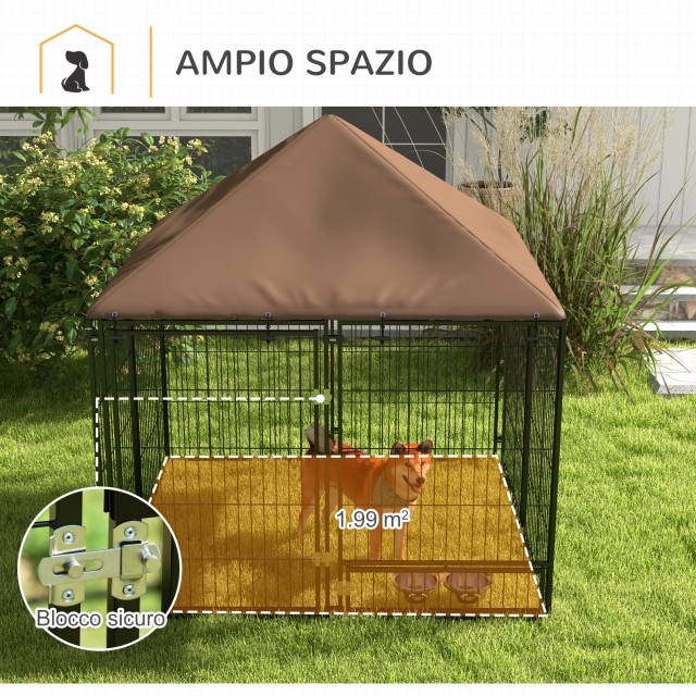 Dog Run από μέταλλο και ύφασμα Oxford με πόρτα για μπολ, 141x141x151 cm, μαύρο και καφέ D02-057V01CF