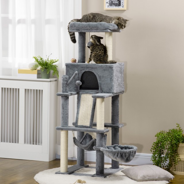 PawHut Cat Tree with Sisal Posts, Σπίτι, Κρεβάτι και Αιώρες, 48x48x140cm, Γκρι D30-566V00GY
