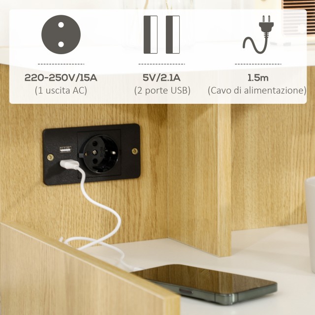 HOMCOM Μοντέρνο κομοδίνο με 2 υποδοχές και θύρες USB και συρτάρι από μοριοσανίδες, 40x40x60cm, Χρώμα ξύλου 831-668V90ND