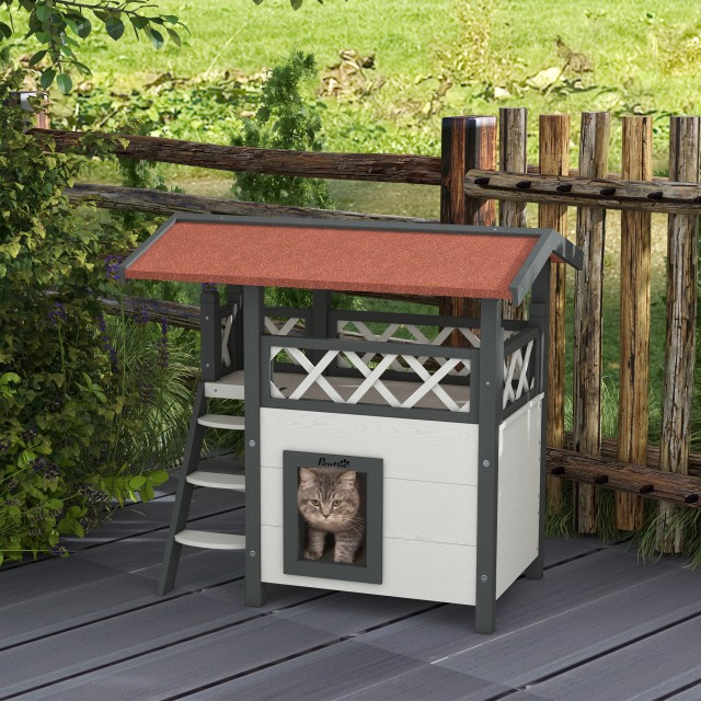 PawHut Outdoor Cat House με Βεράντα και Ξύλινη Σκάλα, 77x50x73cm, Λευκό και Γκρι D30-076V02WT