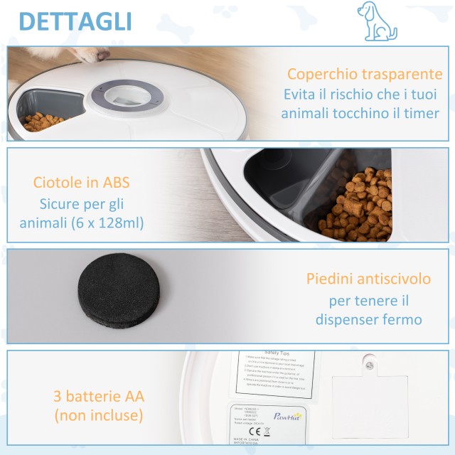 PawHut Αυτόματος Διανομέας Τροφίμων για Σκύλους και Γάτες Μπολ γευμάτων με χρονοδιακόπτη και οθόνη LED που λειτουργεί με μπαταρία D08-027
