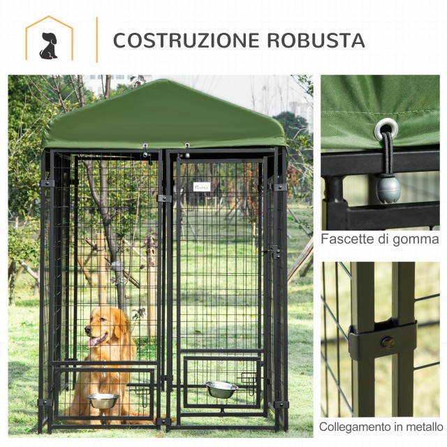PawHut Steel Dog Kennel για εσωτερική και εξωτερική χρήση με υφασμάτινο κουβούκλιο Oxford και 2 μπολ, 244x122x183 cm D02-093GN