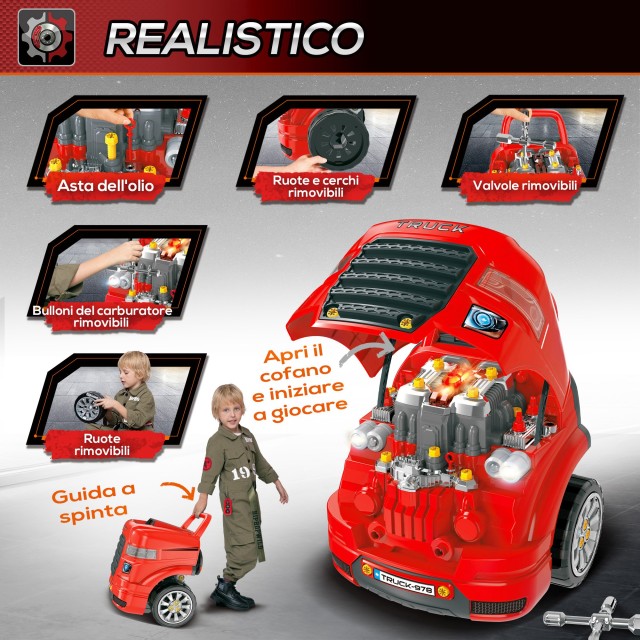 HOMCOM Workshop Toy Truck με μοτέρ και 61 αξεσουάρ για παιδιά 3-5 ετών, ρόδες και λαβή, 40x39x47cm - Κόκκινο 350-129