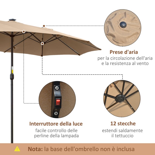 Outsunny Double Parasol Garden 4,5m με 48 LED φώτα και μανιβέλα, Χακί 84D-178KK